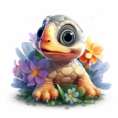 A colorful cute baby sea turtle clipart with charming kawai eyes, cartoon style , with beautiful flowers, in the style of artgerm, realistic yet imaginative, fawncore, 8k resolution, hand - painted details, cute and colorful, sharp brushwork