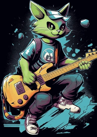 Tshirt features Design, CLIPART CONCEPT, An anthropomorphic humanoid, A Kittens Male character with the ability to control and morph from energy IN DAIM graffiti artwork and graffiti design, Playing the GUITAR, wearing a clothes FROM Casual Uniform Style, Contour Drawing with Fine Line Artwork, Macro Detailed, FOCUSED ON THE CHARACTER, Clear visuals, Highest Resolution 3D Adobe Illustrator file Eps format, In the style of photo-realistic techniques, Rendering with unreal engine 5, Sublimation In
