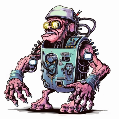 helpful bashful machine troll cyborg, dark electric aura, Basil Wolverton Josh Kirby Dave Gibbons, handpainted enamel punk zine indie retrowave, clipart illustration, solid white background