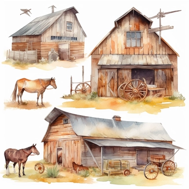 watercolor clipart ranch and barn, cowboy working, hay, gun. all separate elements. also generate private land entry doors from western texas. all high resolution and on white background