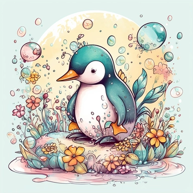 cute penguin sliding down an icy slope, playful dragon blowing bubbles with its nose, depicted in a whimsical, cartoon style, watercolor, surrounded by colorful flowers and butterflies. The mood of the artwork is cheerful and playful, with a soft pastel color palette. The lighting style is bright and sunny, evoking a warm and inviting feeling. clipart design graphic, vector, contour, super cute, isolated white background, high quality, 2d, flat