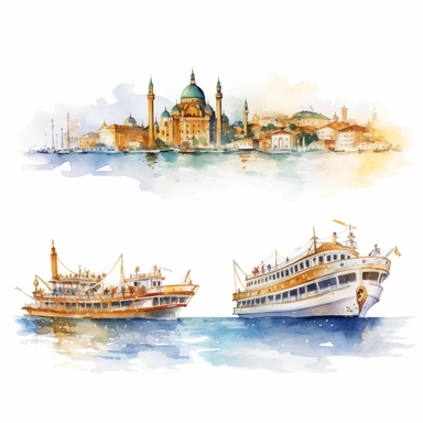 watercolor istanbul golden horn panaromic view seeing the both banks and modern time ships , illustrations clipart set, simple, , cartoon elements ,different variants , separate elements with a margin