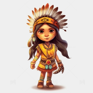 Cute Beautiful Native american Indian girl Full Body Sublimation Clipart,Cartoon,hyper realistic, intricate detail, illustration style,high solution,on the white background