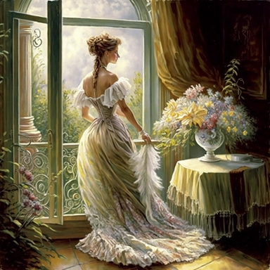 beautiful lady, very detailed, wearing beautiful flowing dress, standing by large victorian window, looking out the window, beautiful romantic bouquet of flowers, beautiful crystal ornate vase, sitting on table with decorative tablecloth, infront of large victorian window with beautiful flowing curtaings, soft colors, crisp colors, ribbon, very detailed, fantasy, romantic, clipart style