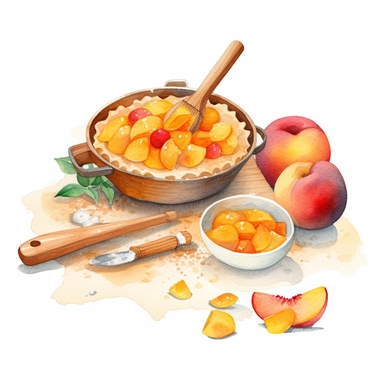 create a beautiful high quality high detail highly saturated watercolor clipart disney style illustration of a delicious peach cobbler being prepared, include rolling pin and baking tools, no text, no font, white background