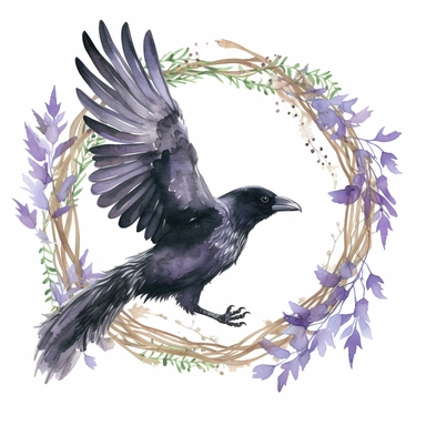 a cute fluffy fat flying raven on a branch, wreath, in a circle, clipart, white background, watercolor, Art Nouveau, highly detailed