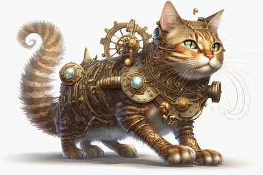 clipart, A beautiful cute cat with a steampunk-style mechanical fish in its paws, hd, on white background,