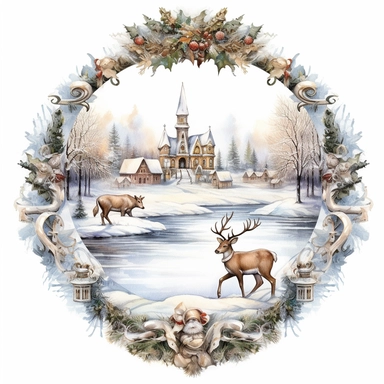 vintage design, advent wreath around, christmas theme oil paining Cute santa claus wearing Clipart Collection in beautiful winter landscape with a lot of snow and a small lake and a small town with church, moose, advent wreath around, christmas theme, det