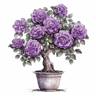 intage purple rose tree in concrete pot clipart set handwriting on white background
