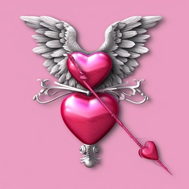 Cupid, fuchsia colour, silver wings, love theme, hearts coming out the arrow. Clip art