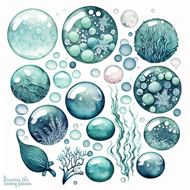 sea bubbles clipart, in the style of muted and subtle tones, cartoon, close up, booru, wimmelbilder, hand-painted details, charming characters, thick texture, blue hues