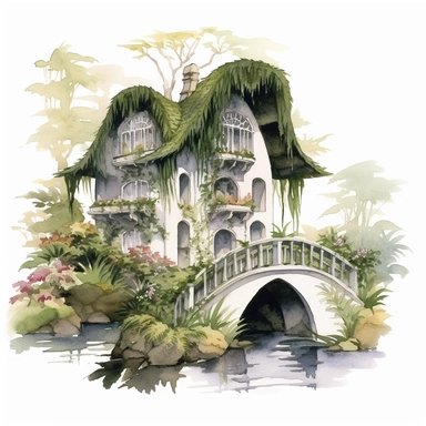 Iris Bridge House - This enchanting watercolor clipart from the Whimsical Botanical Dwellings collection features a unique bridge house composed of Orchid Elegance irises and Fern Green leaves. The bridge's arched structure and the house above it are equally detailed, showcasing the captivating colors against the white background.