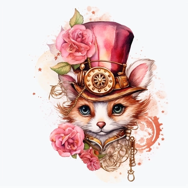 Steampunk Birthday Party Animal Clipart, rose and gold colors, Steampunk, watercolor, sweet, happy, high resolution, transparent white background no captions