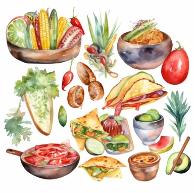 mexican food theme watercolor clipart white background