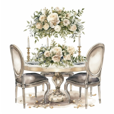 Hand drawn dining table and chairs, with a wedding centerpiece, white roses and white flowers with greenery, sparkly crystals, glamorous, very detailed and realistic, watercolor, clipart style, white background with margins