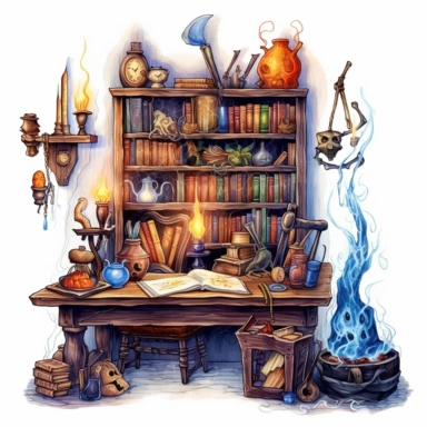 a clipart showcasing a small wizard's study room, with a bookshelf filled with spellbooks, a table displaying a wand, an inkwell with a quill, and enchanted objects like a levitating hourglass and a glowing orb, white background, fantasy, details