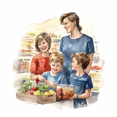 watercolor detailed illustration of An extremely happy smiling woman making groceries with her kids in a grocery store, clipart, white background
