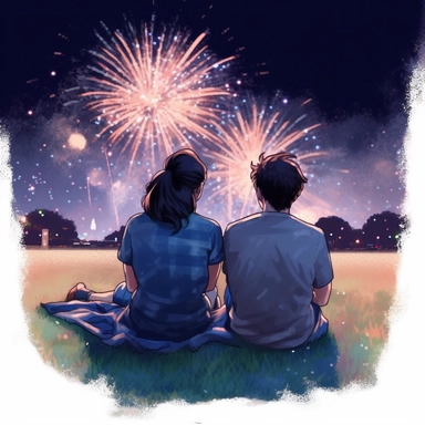 couple watching Fourth of July fireworks, sitting on blanket on grass, clipart, watercolor style, defined edges, black background