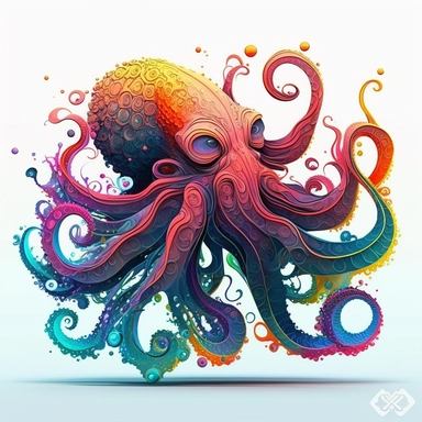 psychedelic octopus, bright colours, water colours, clipart, retro-futuristic, forwaed facing, 3d, colorful, bright, highly-detailed, hyper-realisitic, no ground shadow ,no runs ,no drips, CLEAR WHITE BACKGROUND
