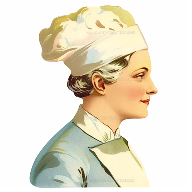 Vintage 1920 side profile portrait of a female baker chef Illustration, Chromolithograph, Die Cut, 1920s Illustration, Vintage, Chromolithograph, Colorful, Antique, Ephemera, Clipart, 8k, Isolated on white
