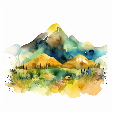 watercolor clipart of a gorgeous spring mountain in shades of lush green, gentle blue, sunny yellow, and soft earthy tones on white background, png, high quality, 4k