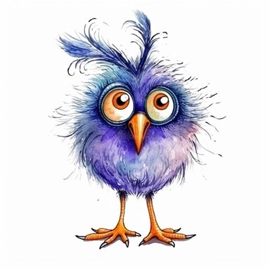 Funny colorful cartoon bird like a pompon clipart with big beautiful eyes and long beautiful legs, distinct fine details, watercolor technique, black contour lines
