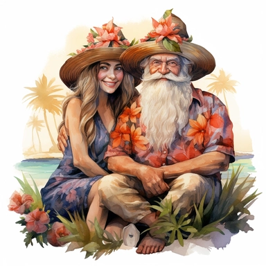 gnomes couple (man and woman) in Hawaii beach outfit, vibrant color, clipart, watercolor illustration, white background