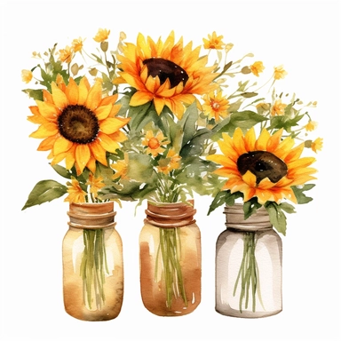 Watercolor Sunflowers Clipart in jar, fall sunflower floral bouquets, white background