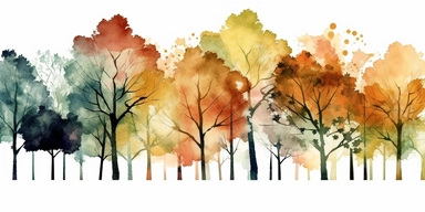 a deco border of trees, clipart on white back ground, fall pastel watercolor