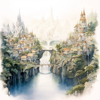 watercolor, elven city, elven realm, clipart