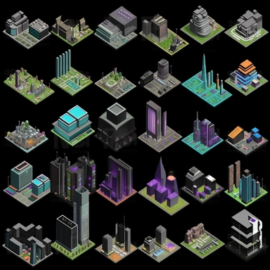 spritesheet of futuristic city buildings, isometric perspective, game sprite, sci-fi, fun, creative, cartoon, clipart, hyper-detailed, black background,