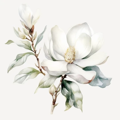 clipart magnolia, watercolor, white background, silver sequins