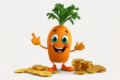 a happy carrot person counting gold coins with a transparent background in the style of vectorized clipart