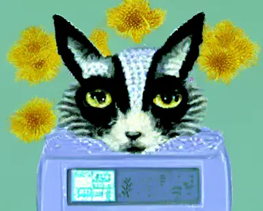 gray CRT computer monitor displaying tacky pixelated clipart of wet cat in bee costume, hi this is my geocities for my cat named bee who loves flowers, Word Wide Web 90s website aesthetic, comic sans tacky clipart, glitch style