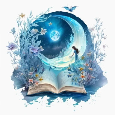 fantasy scene coming out of an open book, moon fairies stars, florals, magical, watercolors, Clipart, pastel blue color theme