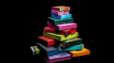 A pile of colorfull boardgame boxes on top od eachother, black background, 2d, clipart style