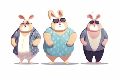 Mature not very fat bunny character, flat illustration clipart on t-shirt, shorts, full body, Disney, Pixar