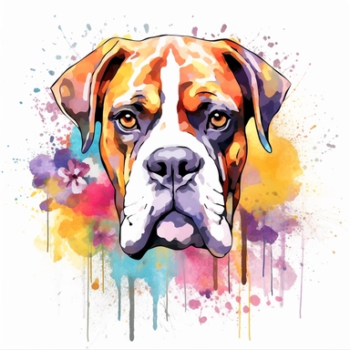 Clipart of a cute little boxer dog flowers full multicolor white background