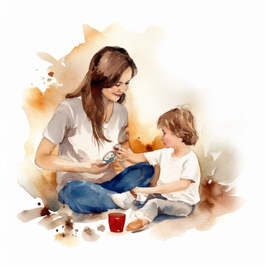 Watercolor art of a mother and child playing games together, with a heart or other decorative element in the background, clipart, white background, 8k