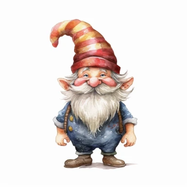 Create a whimsical clipart of a stout and rosy-cheeked gnome standing upright, with a mischievous smile on its face. The gnome’s round nose and curly beard should be prominent features that are endearing to the viewer. The watercolor texture should be evident, giving the clipart a touch of playfulness and artistic quality. The background should have a plain, high contrasted color to draw full attention to the gnome. Make the drawing realistic, so that it looks as though it could come to life, in