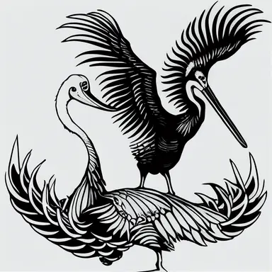 detailed mythical pelican tattoo flash sheet, separate images, black and white, sticker, line art, clipart, white border, white background