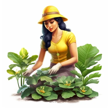 illustration clipart of Asian Indian woman gardening, hyperrealistic, white background
