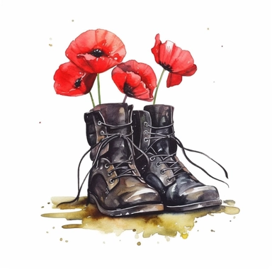 a pair of old army soldier black boots with poppy flowers and a wooden cross with the spirit of a fallen soldier for remembrance, watercolour, white background clipart