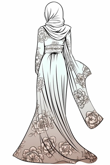 coloring page of a Hijabi woman back full body view clipart illustration, no face is seeing, muslim lady clipart, veiled woman clipart, floral lady hijab clipart , coloring book page for teens, no text, clean and simple line art