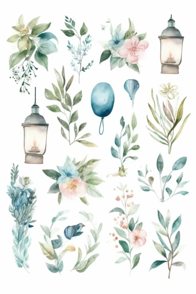 light watercolor banner logo, clipart collection, separately elements, trendy scandinavian style, white background