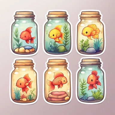 cute Aquarium jars sticker set, sticker pack, sticker sheet, character sheet, multiple stickers, Watercolor Clipart, chibi, simple, minimal art, hand-drawn, vector art, adorable, lovely, whimsical, cute and quirky, watercolor effect, bokeh, low-poly, retro aesthetic, 4K resolution, photorealistic rendering, using Cinema 4D