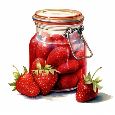 This highly detailed watercolor clipart showcases a charming jar filled with delicious strawberry preserves on a pristine white background. The artwork captures the essence of these sweet and tangy preserves with remarkable precision. The jar is meticulously rendered, highlighting its glass texture, lid, and label. The vibrant red color of the preserves is depicted with depth and richness, enticing viewers with its mouthwatering appeal. Against the clean white backdrop, this clipart exudes a sen