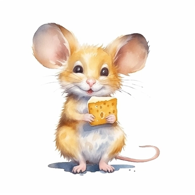 mouse sitting on a cheese, full body, pencil and watercolor clipart style, cartoon style, super high quality, high resolution, isolated white background, 8k