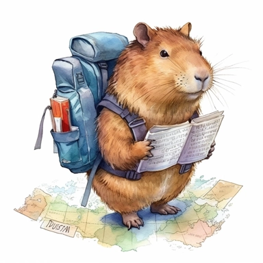 a capybara with a backpack on and a map in the hand, ready for an adventure clip art