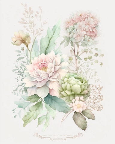 soft colorful pastel colored floral arrangement clipart, soft and subtle, colorful fairy pastel colors watercolor style, fawncore, peonies and roses, pastel green, pink dreamy pastel, dreamy pastel colors, muted pastel colors, colorful dreamy pastel pink and pastel green colorful fairy pastel pink, plain white background, use of fabric, excellent depth of shading in soft watercolor style, watercolor artwork, plain white background for transparent editing